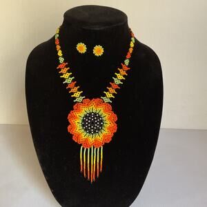 Sunflower Beaded Set Jewelry Huichol Folk Art Flower Artisan Handmade NEW